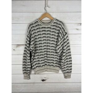 Vintage Jantzen Sweater Mens Medium Cream Black Knit Crewneck Pullover USA 90s